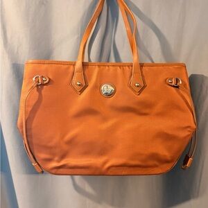 Joy Mangano Camel Tote Shoulder Bag Zip Closure Logo Accent Women’s